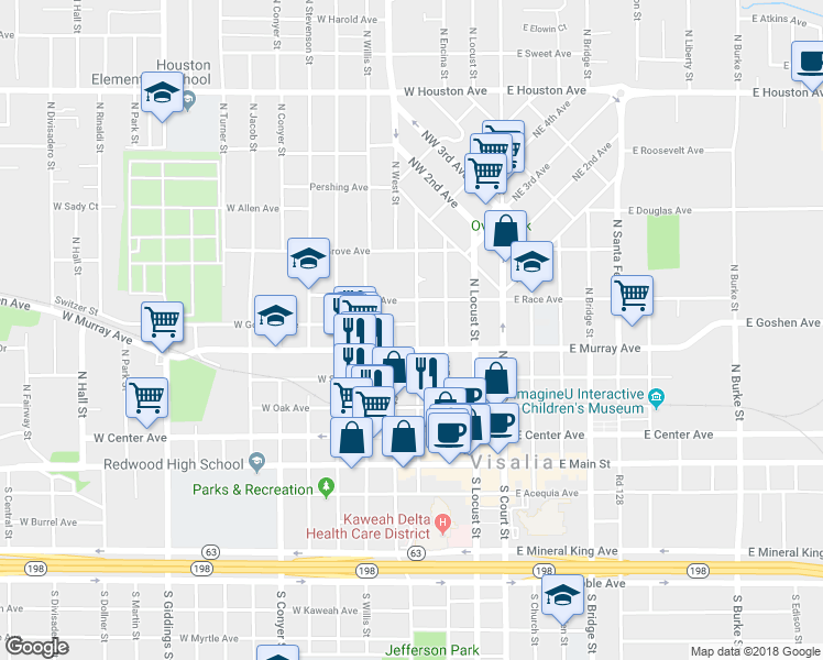 map of restaurants, bars, coffee shops, grocery stores, and more near 401 West Goshen Avenue in Visalia