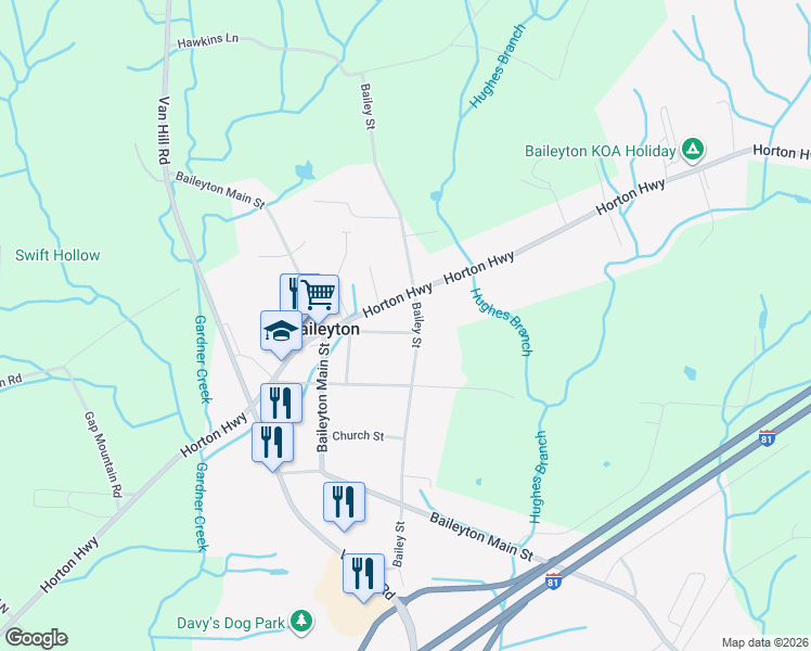 map of restaurants, bars, coffee shops, grocery stores, and more near 623 Bailey Street in Greeneville