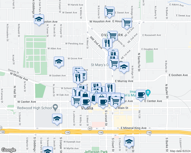 map of restaurants, bars, coffee shops, grocery stores, and more near 546 North Floral Street in Visalia