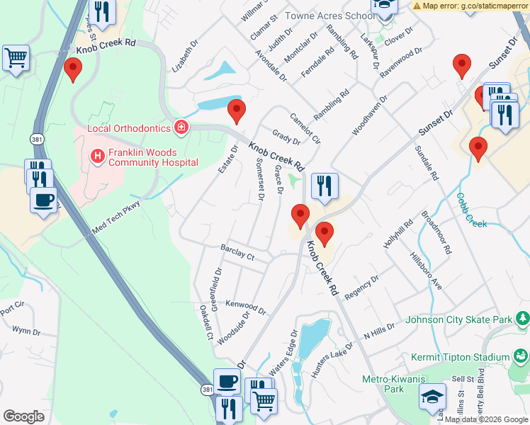 map of restaurants, bars, coffee shops, grocery stores, and more near 1017 Somerset Dr in Johnson City