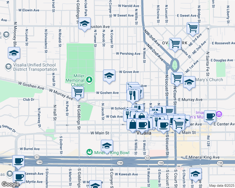 map of restaurants, bars, coffee shops, grocery stores, and more near 731 West Goshen Avenue in Visalia