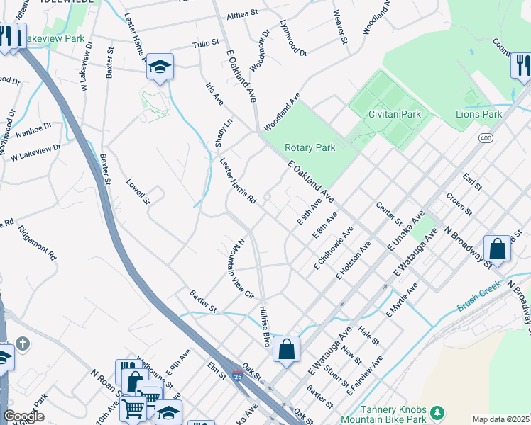 map of restaurants, bars, coffee shops, grocery stores, and more near 1103 Lester Harris Road in Johnson City
