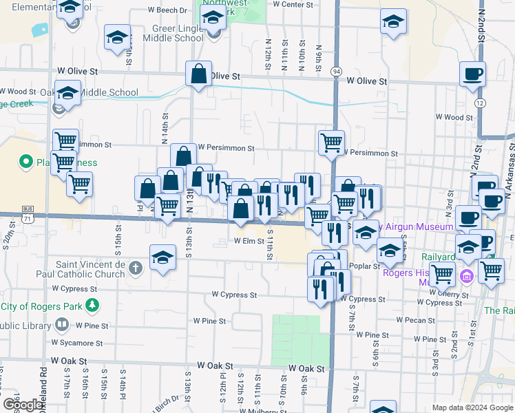 map of restaurants, bars, coffee shops, grocery stores, and more near 104 North 11th Street in Rogers