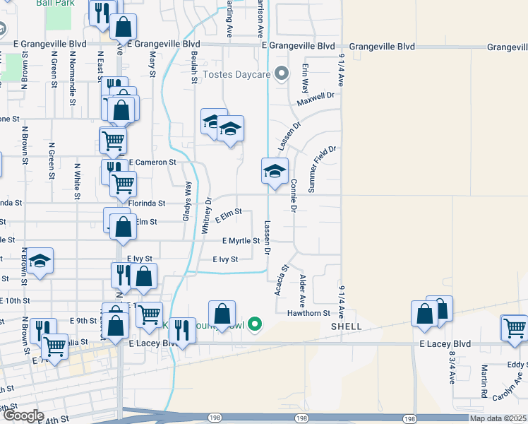 map of restaurants, bars, coffee shops, grocery stores, and more near 824 Lassen Dr in Hanford