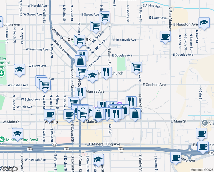 map of restaurants, bars, coffee shops, grocery stores, and more near 515 North Santa Fe Street in Visalia