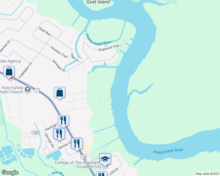 map of restaurants, bars, coffee shops, grocery stores, and more near 182 Brickhouse Lane in Elizabeth City