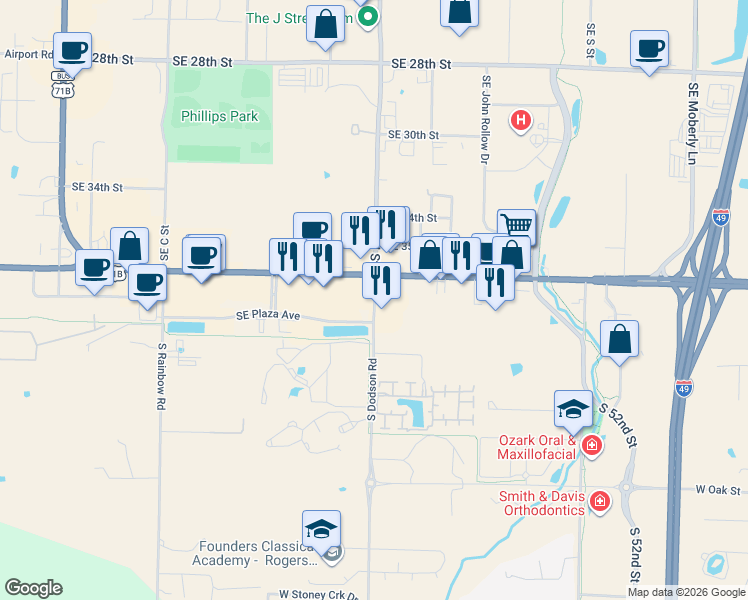 map of restaurants, bars, coffee shops, grocery stores, and more near Southeast Dodson Road in Bentonville