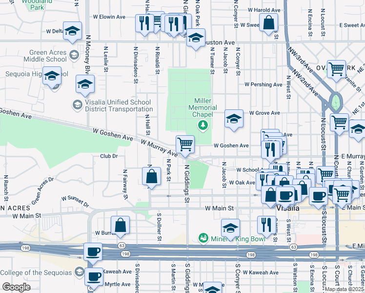 map of restaurants, bars, coffee shops, grocery stores, and more near 501-599 North Giddings Street in Visalia