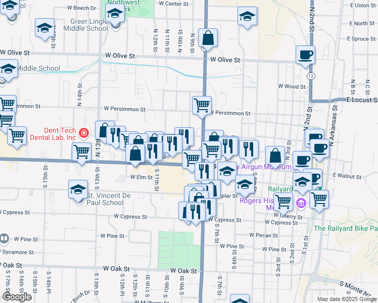 map of restaurants, bars, coffee shops, grocery stores, and more near 898 West Chestnut Street in Rogers