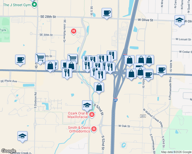 map of restaurants, bars, coffee shops, grocery stores, and more near 3504 Magellan Boulevard in Bentonville