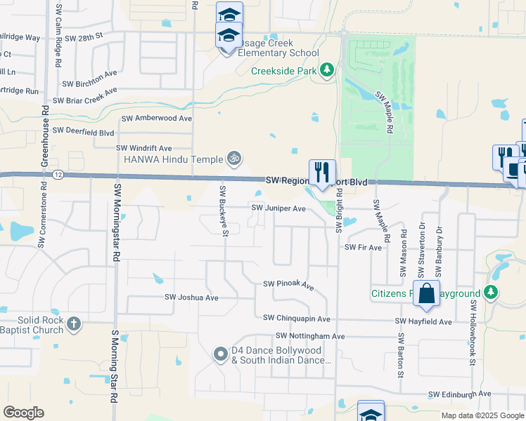 map of restaurants, bars, coffee shops, grocery stores, and more near 3801 Southwest Peachwood Drive in Bentonville