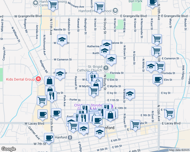 map of restaurants, bars, coffee shops, grocery stores, and more near 949 North Irwin Street in Hanford