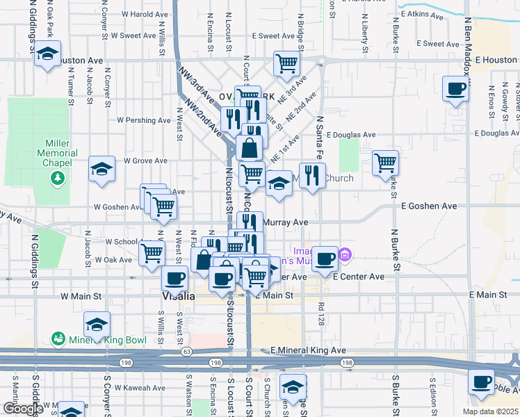 map of restaurants, bars, coffee shops, grocery stores, and more near 518 North Court Street in Visalia