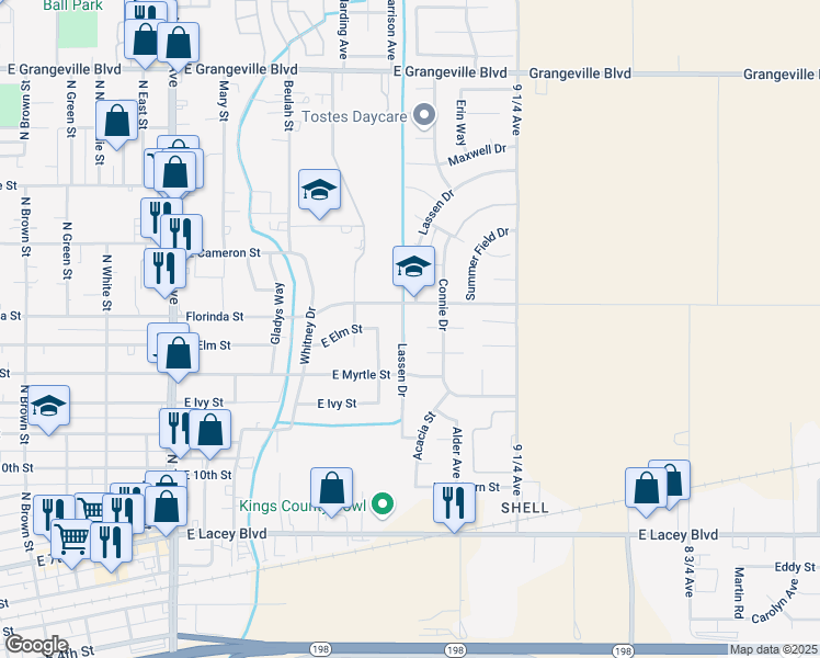 map of restaurants, bars, coffee shops, grocery stores, and more near 824 Lassen Dr in Hanford