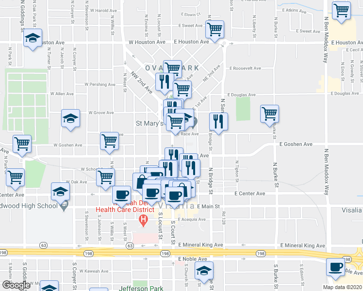 map of restaurants, bars, coffee shops, grocery stores, and more near 517 North Church Street in Visalia