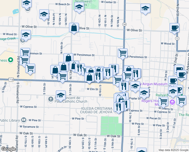 map of restaurants, bars, coffee shops, grocery stores, and more near 104 N 11th St in Rogers
