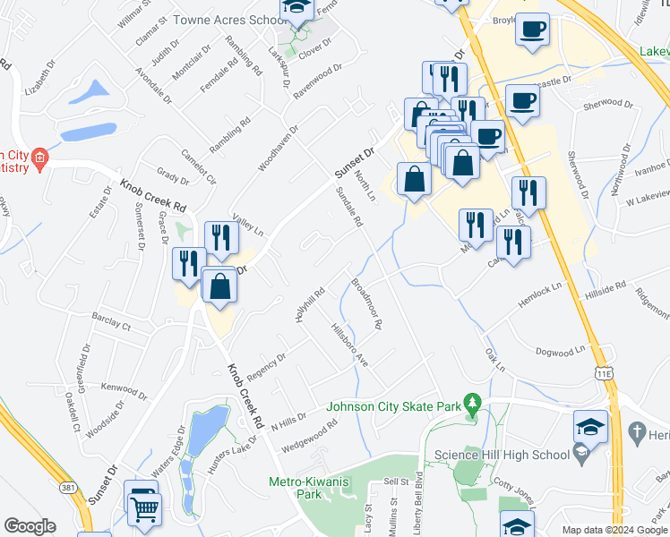 map of restaurants, bars, coffee shops, grocery stores, and more near 608 Hollyhill Rd in Johnson City