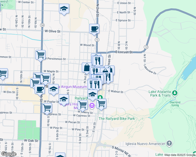 map of restaurants, bars, coffee shops, grocery stores, and more near 212 North 1st Street in Rogers