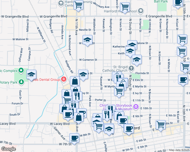 map of restaurants, bars, coffee shops, grocery stores, and more near 431 West Florinda Street in Hanford