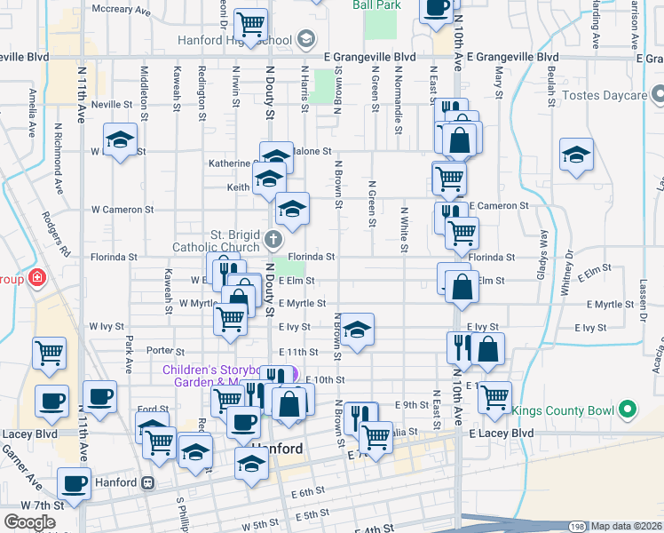 map of restaurants, bars, coffee shops, grocery stores, and more near 914 North Brown Street in Hanford