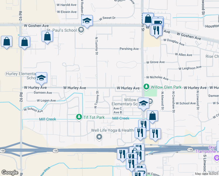 map of restaurants, bars, coffee shops, grocery stores, and more near West Hurley Avenue & North Peppertree Street in Visalia