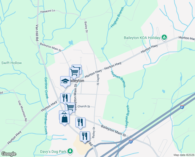 map of restaurants, bars, coffee shops, grocery stores, and more near 623 Bailey Street in Greeneville