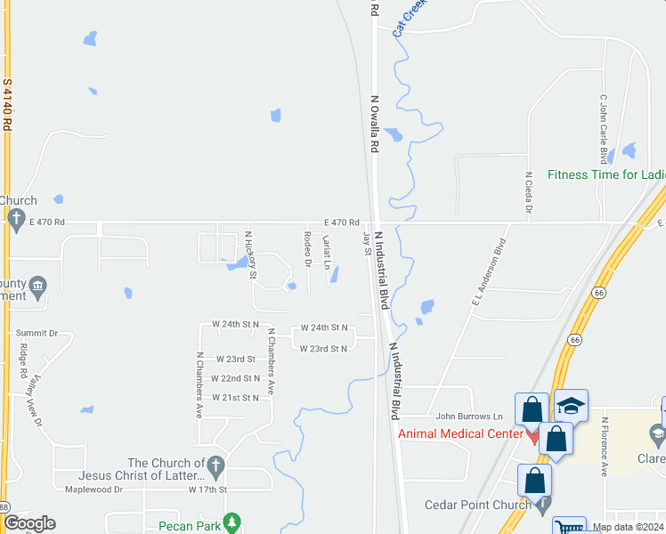 map of restaurants, bars, coffee shops, grocery stores, and more near 2860 Lariat Lane in Claremore