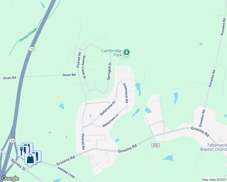 map of restaurants, bars, coffee shops, grocery stores, and more near 1507 Ballymena Drive in Reidsville