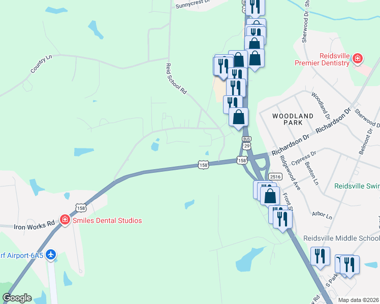 map of restaurants, bars, coffee shops, grocery stores, and more near 7281 U.S. 158 in Reidsville