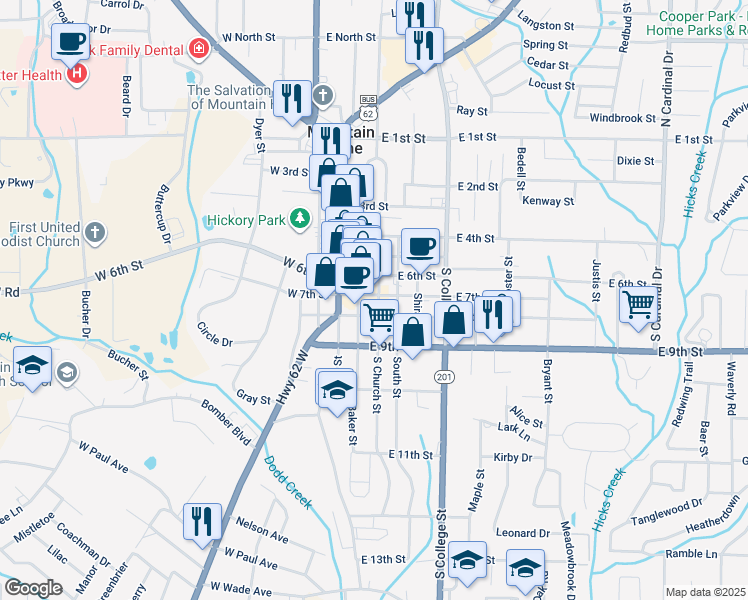 map of restaurants, bars, coffee shops, grocery stores, and more near 701 South Church Street in Mountain Home