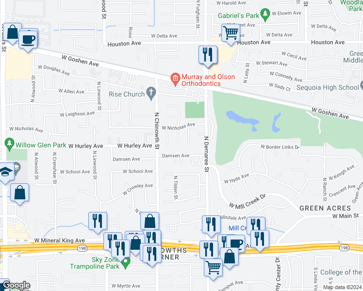 map of restaurants, bars, coffee shops, grocery stores, and more near 706 North Tilden Court in Visalia