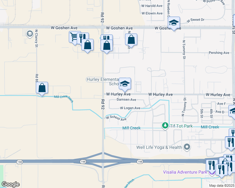 map of restaurants, bars, coffee shops, grocery stores, and more near 6600 West Hurley Avenue in Visalia