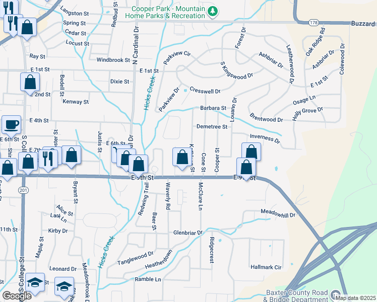 map of restaurants, bars, coffee shops, grocery stores, and more near 425 Kathleen Street in Mountain Home