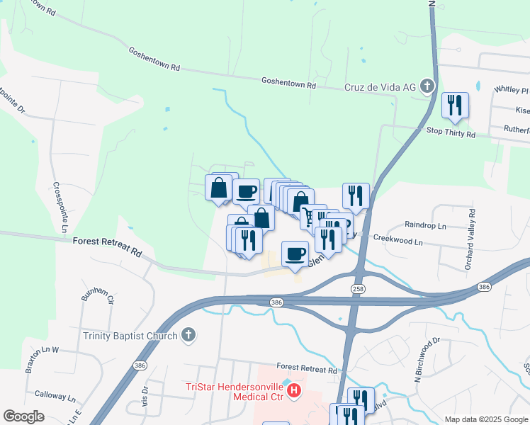 map of restaurants, bars, coffee shops, grocery stores, and more near 1050 Glenbrook Way in Hendersonville