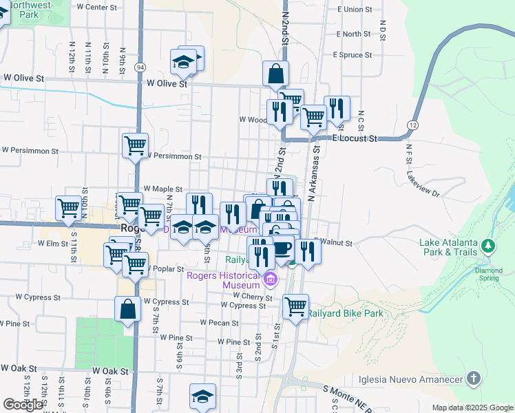 map of restaurants, bars, coffee shops, grocery stores, and more near 201 West Chestnut Street in Rogers
