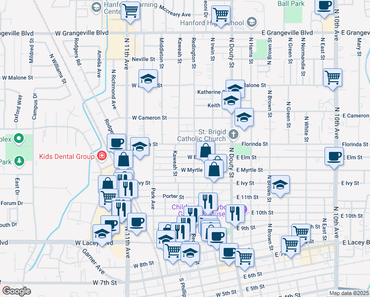 map of restaurants, bars, coffee shops, grocery stores, and more near 322 West Elm Street in Hanford