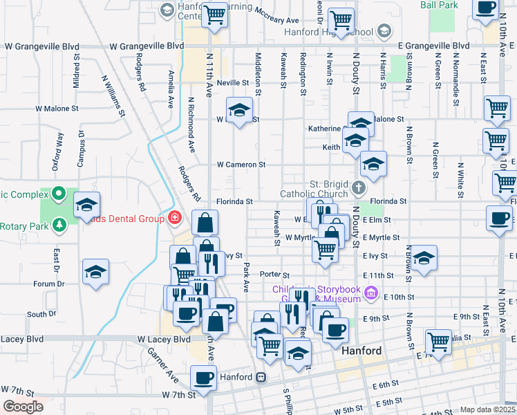 map of restaurants, bars, coffee shops, grocery stores, and more near 431 West Florinda Street in Hanford