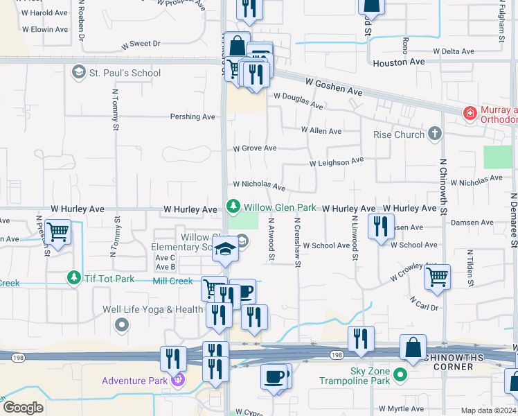 map of restaurants, bars, coffee shops, grocery stores, and more near 626 North Parkwood Court in Visalia