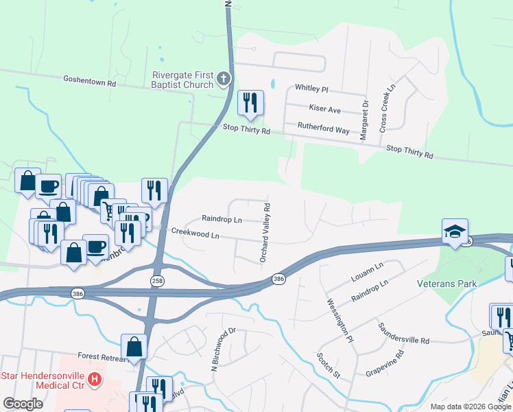 map of restaurants, bars, coffee shops, grocery stores, and more near 107 Orchard Valley Circle in Hendersonville