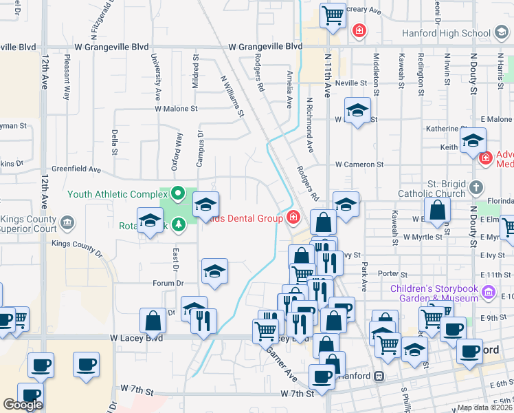 map of restaurants, bars, coffee shops, grocery stores, and more near 873 Greenfield Avenue in Hanford