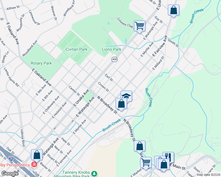map of restaurants, bars, coffee shops, grocery stores, and more near 1405 East Myrtle Avenue in Johnson City