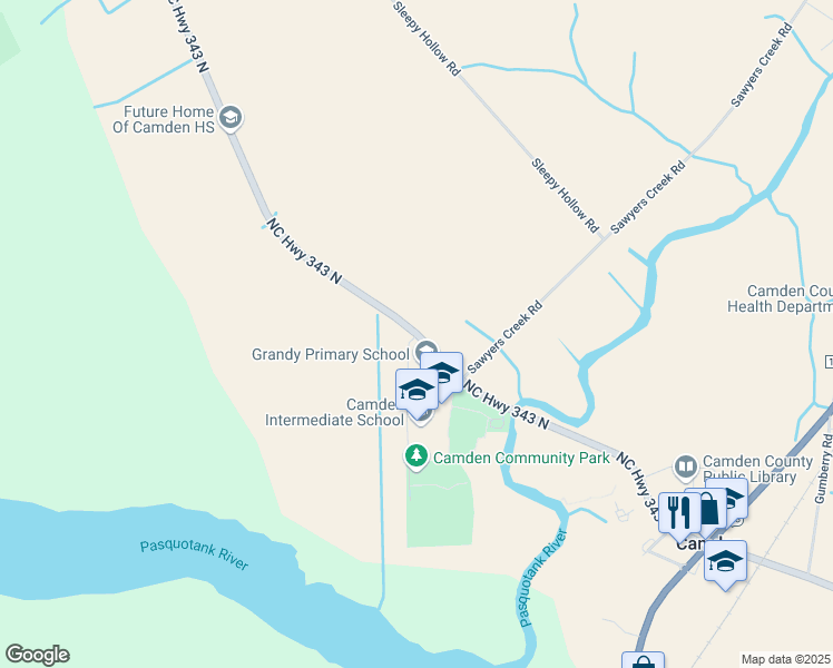 map of restaurants, bars, coffee shops, grocery stores, and more near 343 North Carolina Bicycle Route 4 in Camden