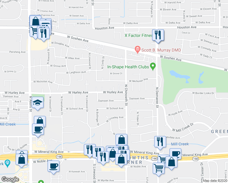 map of restaurants, bars, coffee shops, grocery stores, and more near 4220 West Hurley Avenue in Visalia