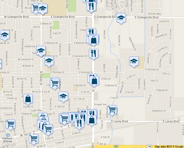 map of restaurants, bars, coffee shops, grocery stores, and more near 980 North 10th Avenue in Hanford