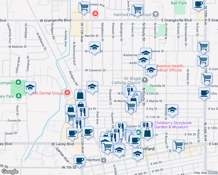 map of restaurants, bars, coffee shops, grocery stores, and more near 322 West Elm Street in Hanford