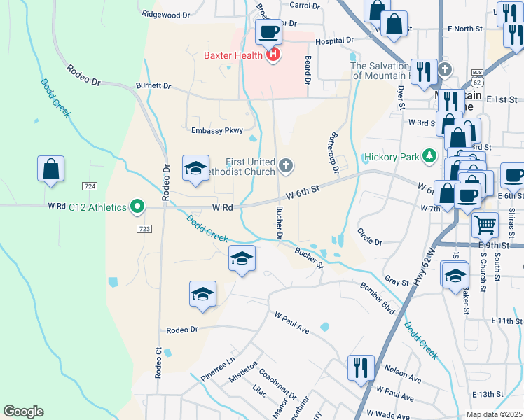 map of restaurants, bars, coffee shops, grocery stores, and more near 802 Bucher Street in Mountain Home