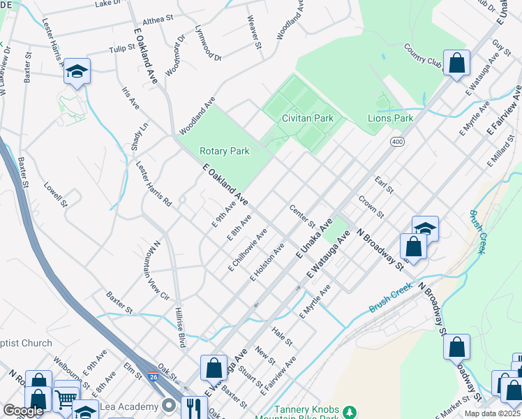 map of restaurants, bars, coffee shops, grocery stores, and more near 1100 East 8th Avenue in Johnson City