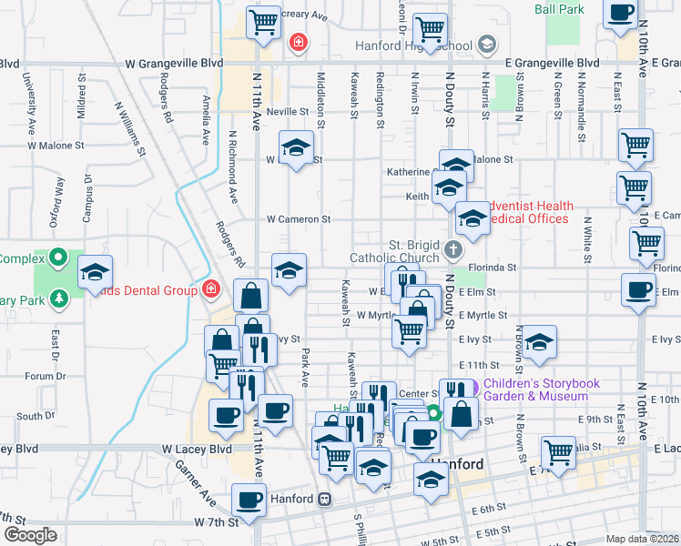 map of restaurants, bars, coffee shops, grocery stores, and more near 322 West Elm Street in Hanford