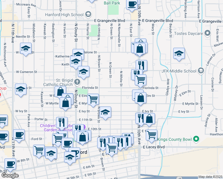 map of restaurants, bars, coffee shops, grocery stores, and more near 407 Florinda Street in Hanford