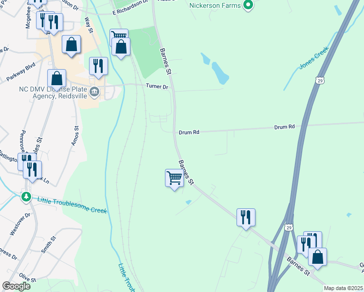 map of restaurants, bars, coffee shops, grocery stores, and more near 1827 Barnes Street in Reidsville